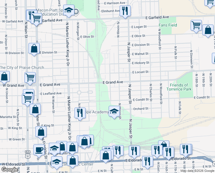 map of restaurants, bars, coffee shops, grocery stores, and more near 905-999 East Grand Avenue in Decatur