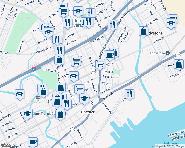 map of restaurants, bars, coffee shops, grocery stores, and more near 519 East 9th Street in Chester