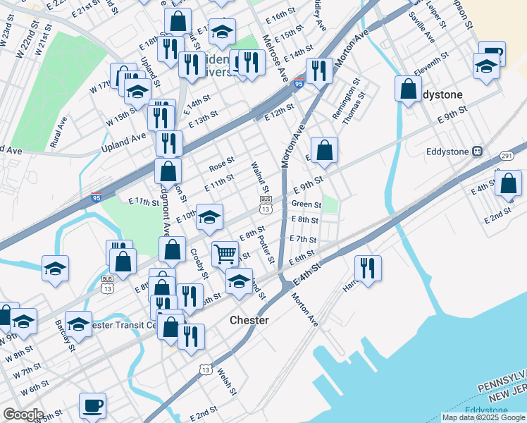 map of restaurants, bars, coffee shops, grocery stores, and more near 521 East 9th Street in Claymont