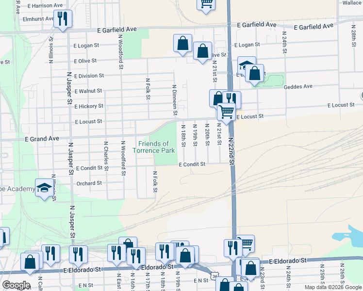 map of restaurants, bars, coffee shops, grocery stores, and more near 1250 North 18th Street in Decatur