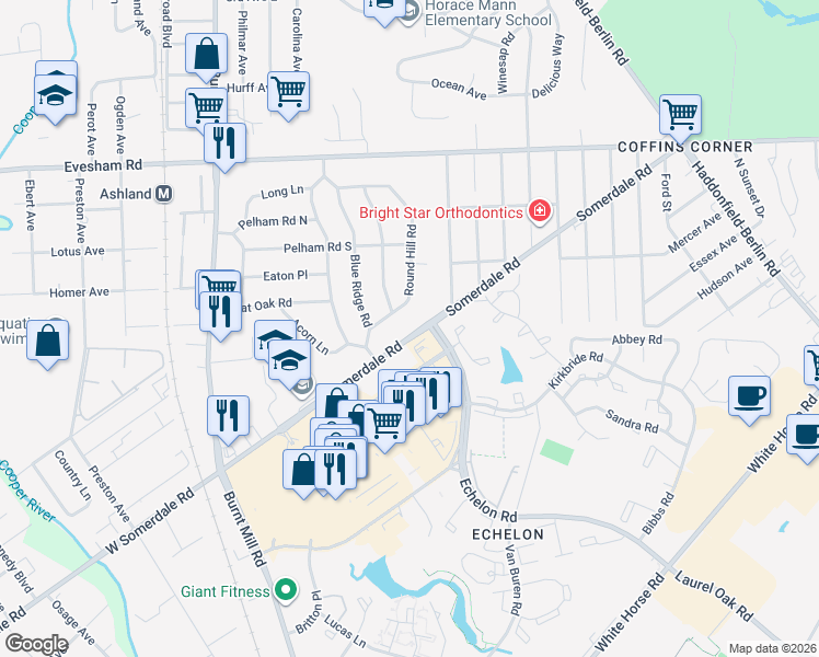 map of restaurants, bars, coffee shops, grocery stores, and more near 131 Round Hill Road in Voorhees Township