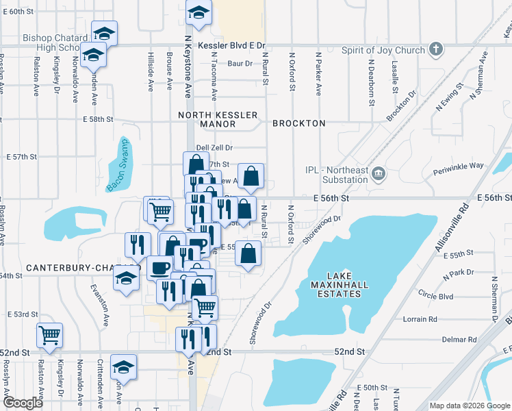 map of restaurants, bars, coffee shops, grocery stores, and more near 2723 East 56th Street in Indianapolis