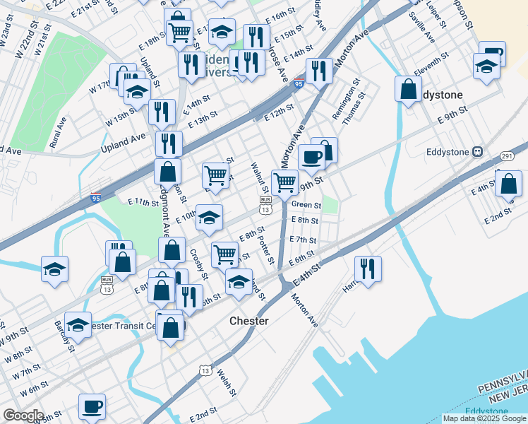 map of restaurants, bars, coffee shops, grocery stores, and more near 521 East 9th Street in Claymont