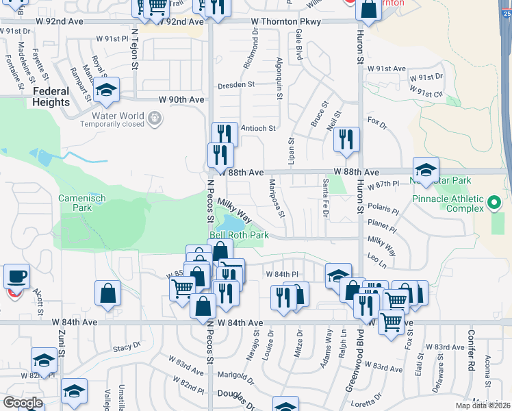 map of restaurants, bars, coffee shops, grocery stores, and more near Aztec Villa Parking Lot Road in Thornton