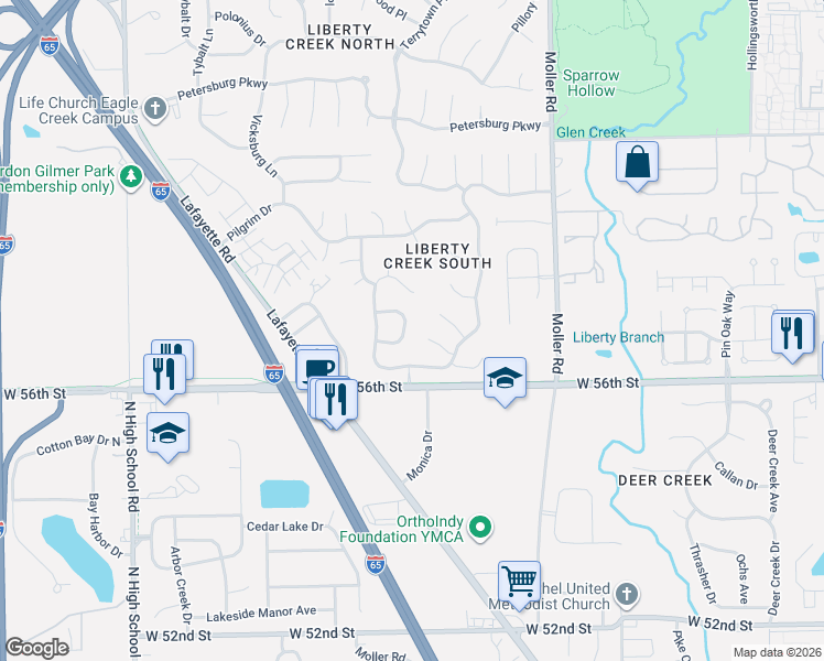 map of restaurants, bars, coffee shops, grocery stores, and more near 5678 Colonist Circle in Indianapolis