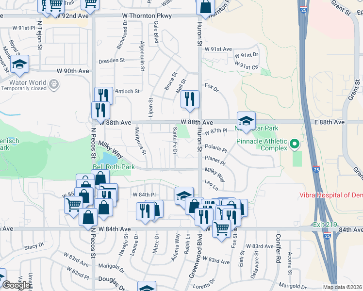 map of restaurants, bars, coffee shops, grocery stores, and more near 8709 Santa Fe Drive in Thornton