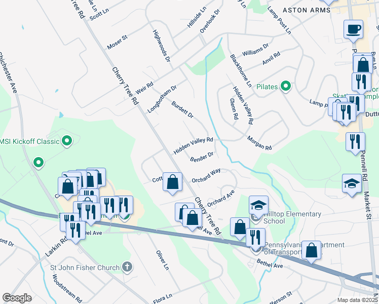 map of restaurants, bars, coffee shops, grocery stores, and more near 675 Bender Drive in Delaware County