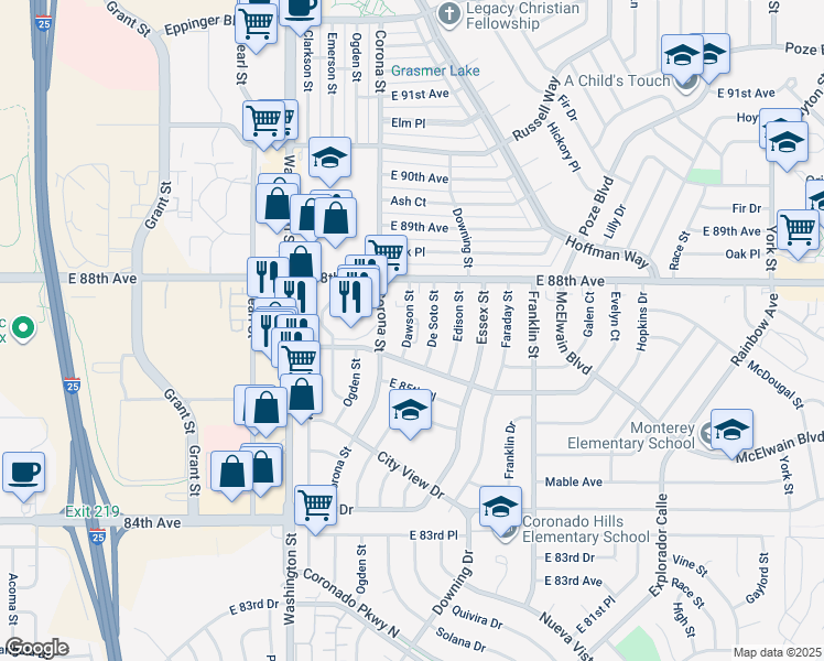 map of restaurants, bars, coffee shops, grocery stores, and more near 8761 Dawson Street in Denver