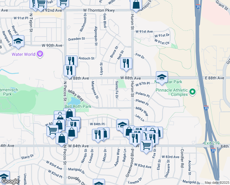 map of restaurants, bars, coffee shops, grocery stores, and more near 8709 Santa Fe Drive in Thornton