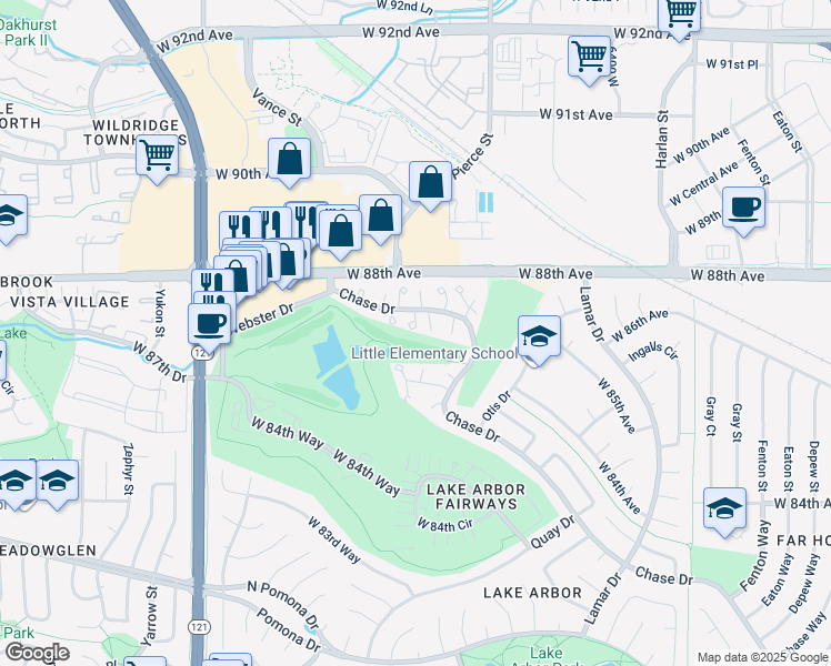 map of restaurants, bars, coffee shops, grocery stores, and more near 8767 Chase Drive in Arvada