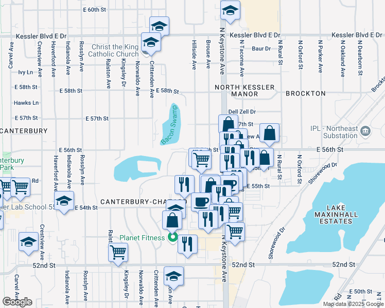 map of restaurants, bars, coffee shops, grocery stores, and more near 5593 Liberty Boulevard Place in Indianapolis