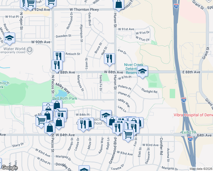 map of restaurants, bars, coffee shops, grocery stores, and more near 8701 Huron Street in Thornton