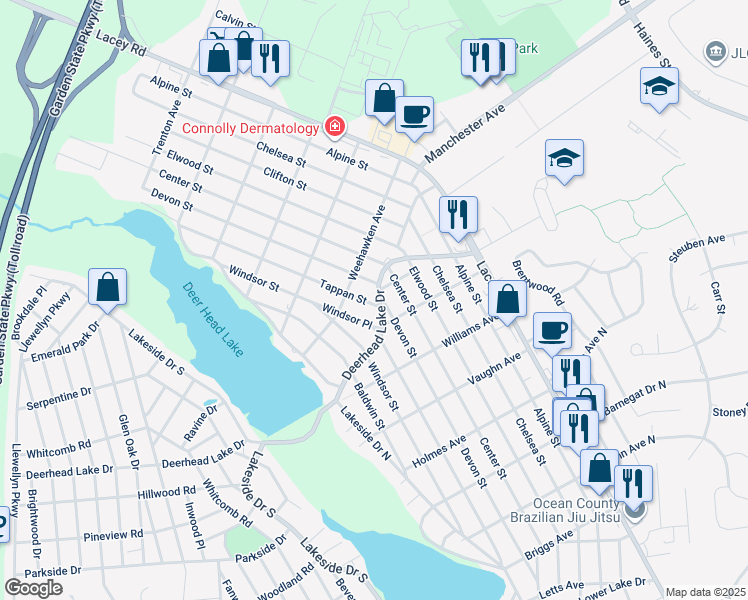 map of restaurants, bars, coffee shops, grocery stores, and more near 658 Deerhead Lake Drive in Lacey Township