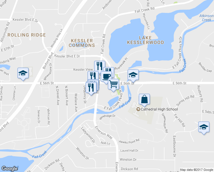 map of restaurants, bars, coffee shops, grocery stores, and more near 5015 East 56th Street in Indianapolis
