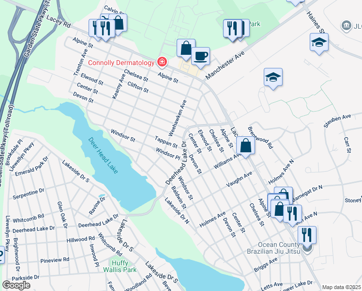 map of restaurants, bars, coffee shops, grocery stores, and more near 658 Deerhead Lake Drive in Lacey Township