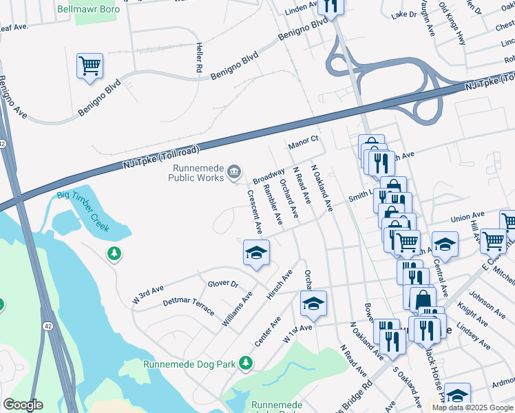 map of restaurants, bars, coffee shops, grocery stores, and more near 840 Crescent Avenue in Runnemede