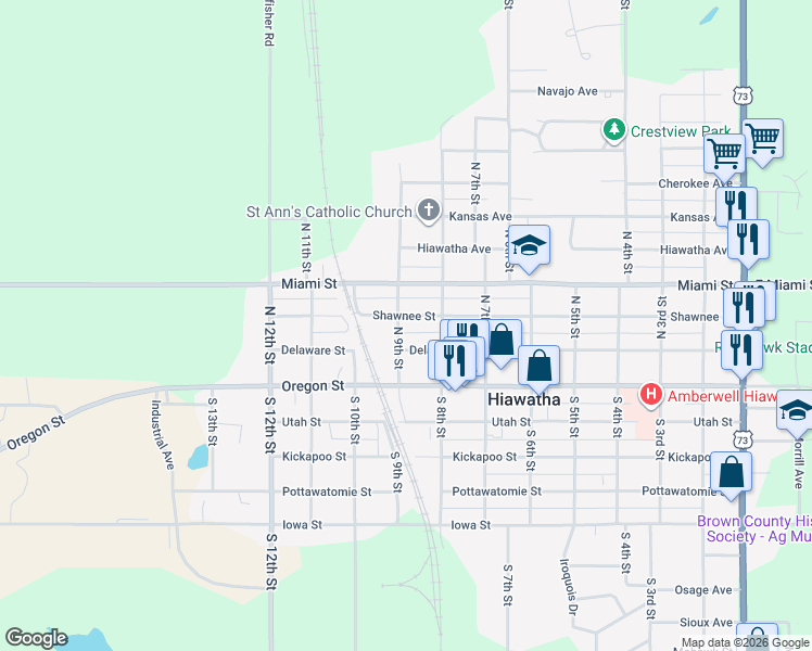 map of restaurants, bars, coffee shops, grocery stores, and more near 901 Shawnee Street in Hiawatha