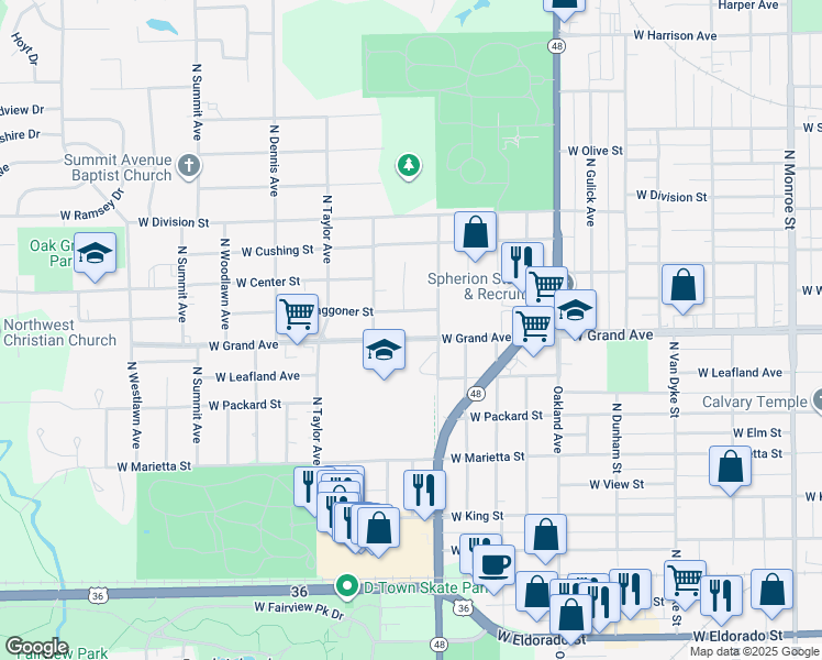 map of restaurants, bars, coffee shops, grocery stores, and more near 1301-1399 W Waggoner St in Decatur