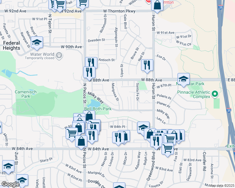 map of restaurants, bars, coffee shops, grocery stores, and more near 8750 Mariposa Street in Thornton