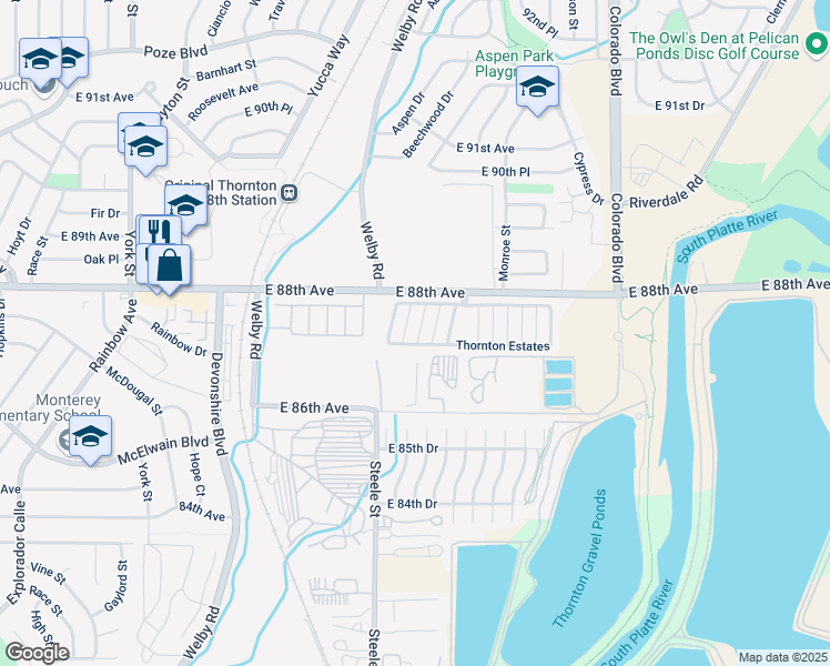map of restaurants, bars, coffee shops, grocery stores, and more near 3600 East 88th Avenue in Thornton