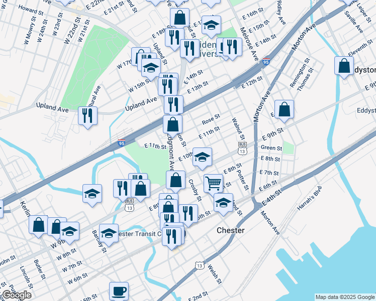 map of restaurants, bars, coffee shops, grocery stores, and more near 1009 Madison Street in Chester