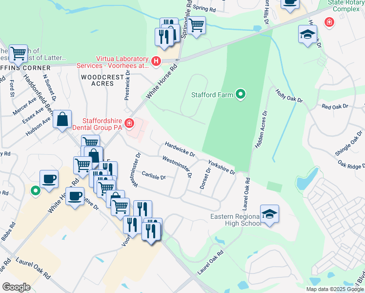 map of restaurants, bars, coffee shops, grocery stores, and more near 15 Hardwicke Drive in Voorhees Township