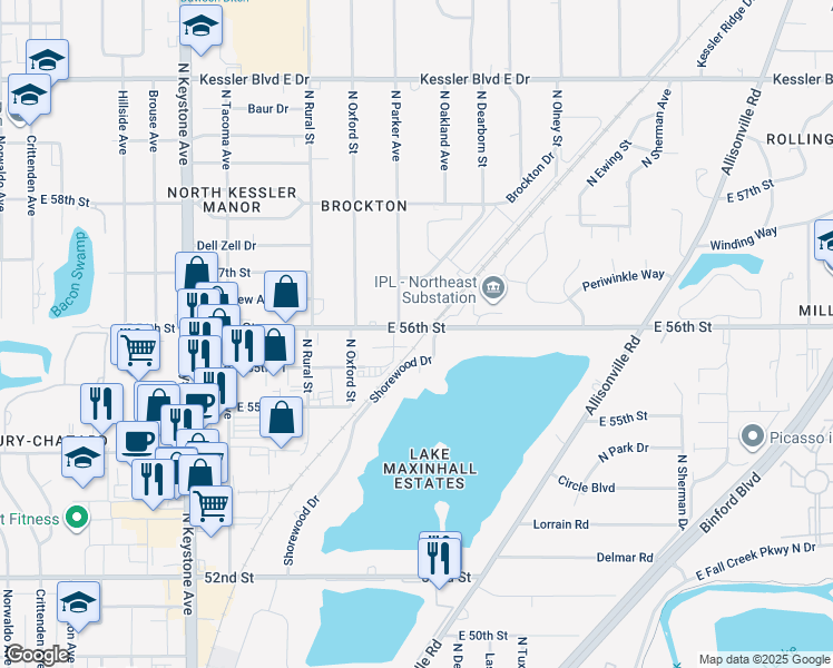 map of restaurants, bars, coffee shops, grocery stores, and more near 2951 East 56th Street in Indianapolis