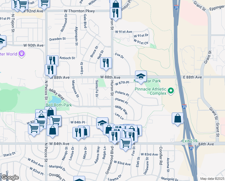 map of restaurants, bars, coffee shops, grocery stores, and more near 8701 Huron Street in Thornton
