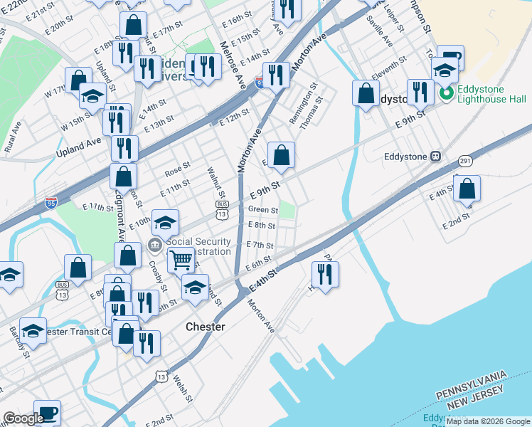 map of restaurants, bars, coffee shops, grocery stores, and more near 628 Green Street in Chester