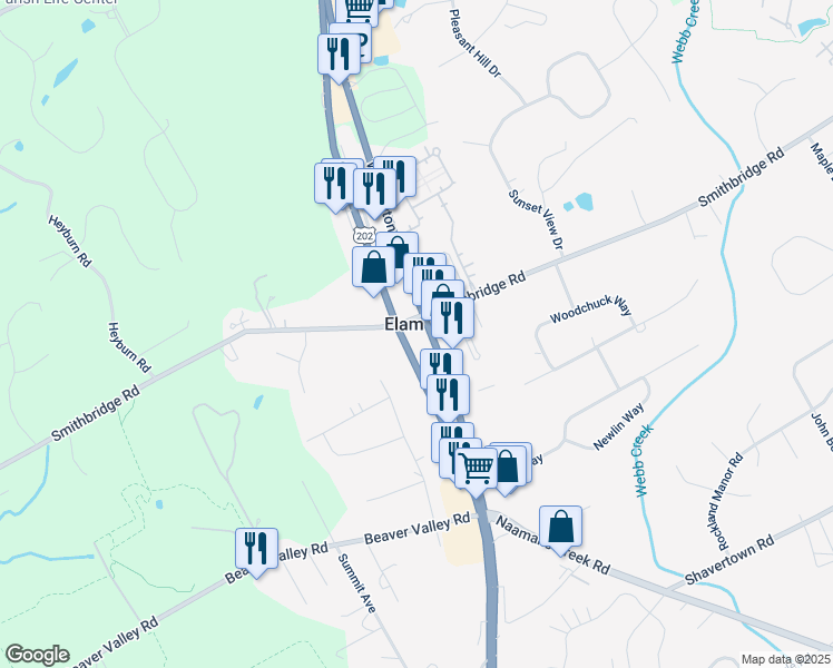 map of restaurants, bars, coffee shops, grocery stores, and more near 297 Wilmington Pike in Glen Mills