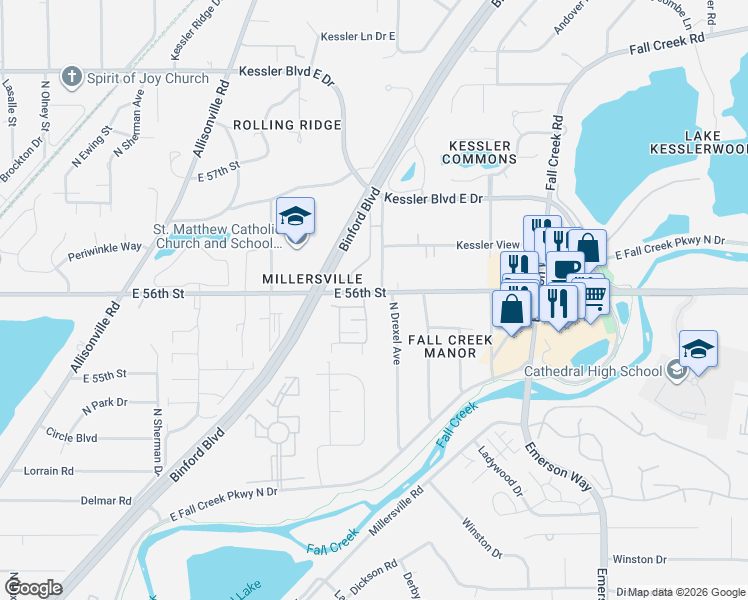 map of restaurants, bars, coffee shops, grocery stores, and more near 4213 East 56th Street in Indianapolis