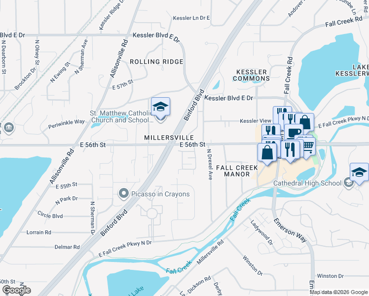 map of restaurants, bars, coffee shops, grocery stores, and more near 4211 East 56th Street in Indianapolis