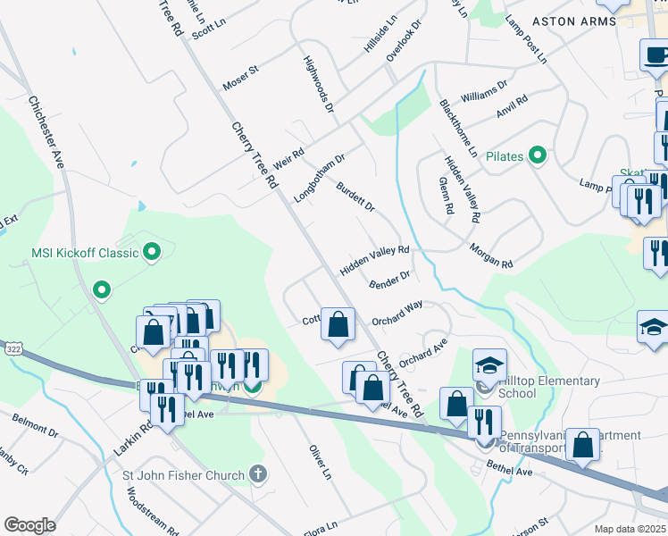 map of restaurants, bars, coffee shops, grocery stores, and more near 703 Cherry Tree Road in Aston