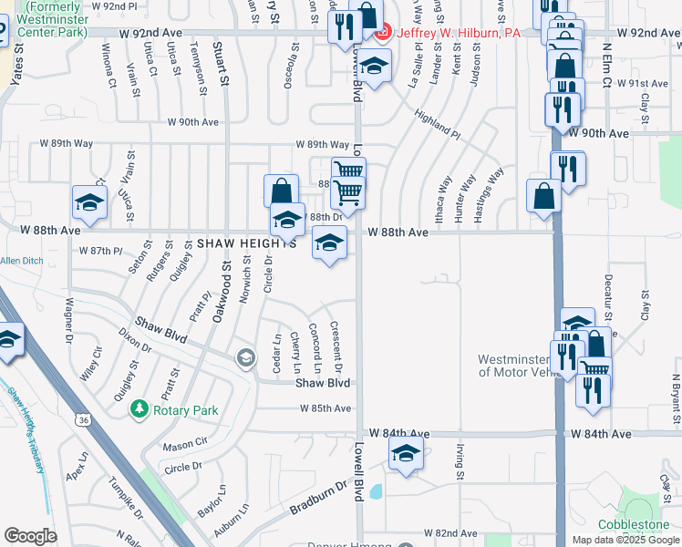 map of restaurants, bars, coffee shops, grocery stores, and more near 8731 Lowell Boulevard in Westminster