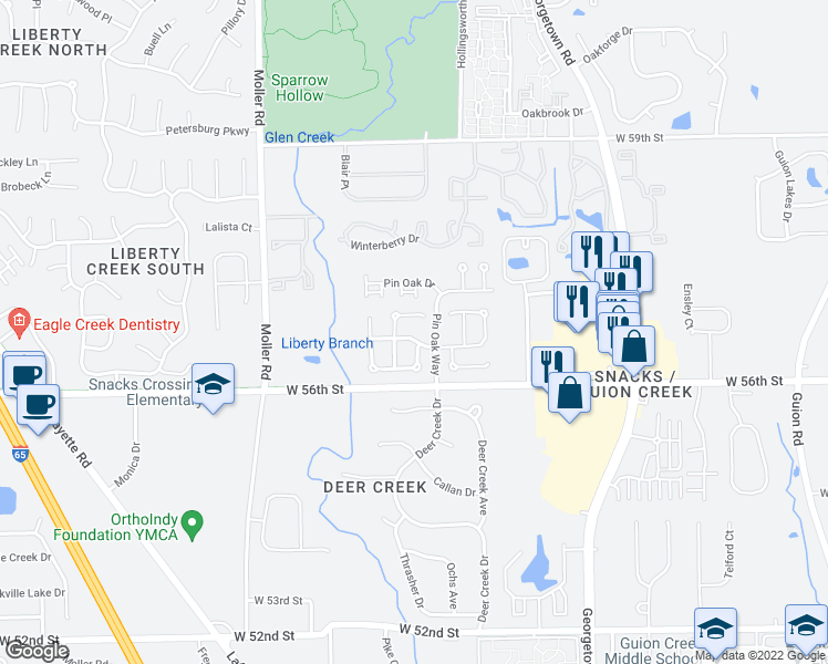 map of restaurants, bars, coffee shops, grocery stores, and more near 5024 Prairieclover Way in Indianapolis