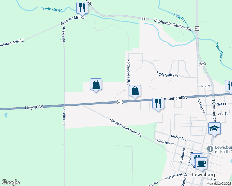 map of restaurants, bars, coffee shops, grocery stores, and more near 122 Northcreek Drive in Lewisburg