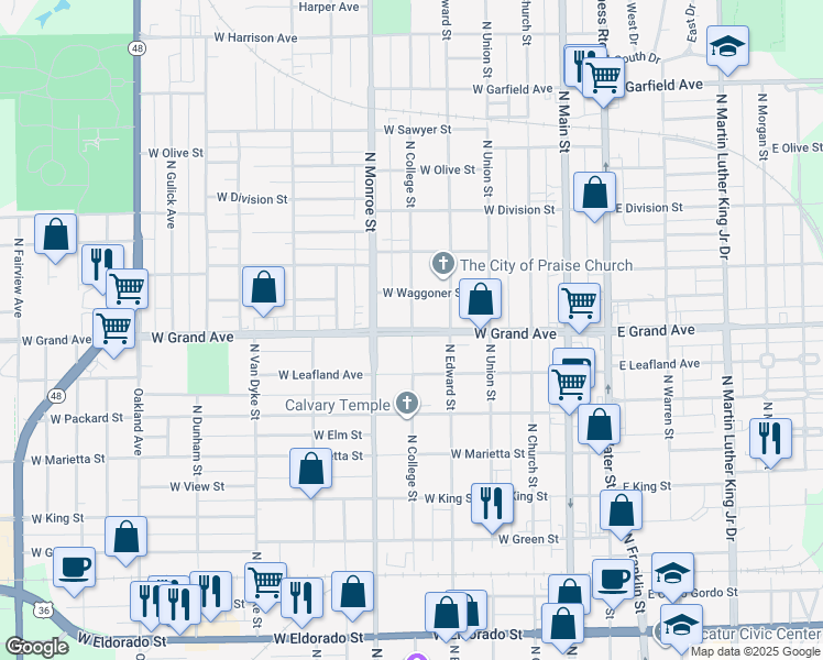 map of restaurants, bars, coffee shops, grocery stores, and more near 1300 North College Street in Decatur