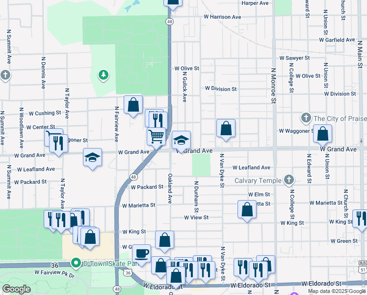 map of restaurants, bars, coffee shops, grocery stores, and more near 1303 Gulick Avenue in Decatur