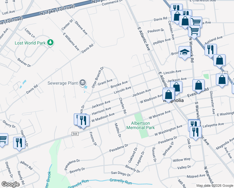 map of restaurants, bars, coffee shops, grocery stores, and more near 600 Lincoln Avenue in Magnolia