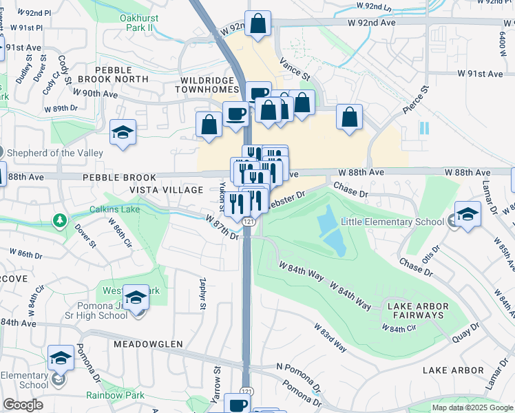 map of restaurants, bars, coffee shops, grocery stores, and more near 8700 Wadsworth Boulevard in Arvada
