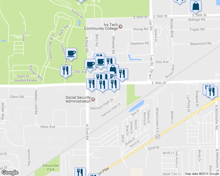 map of restaurants, bars, coffee shops, grocery stores, and more near 9145 E 56th St in Lawrence