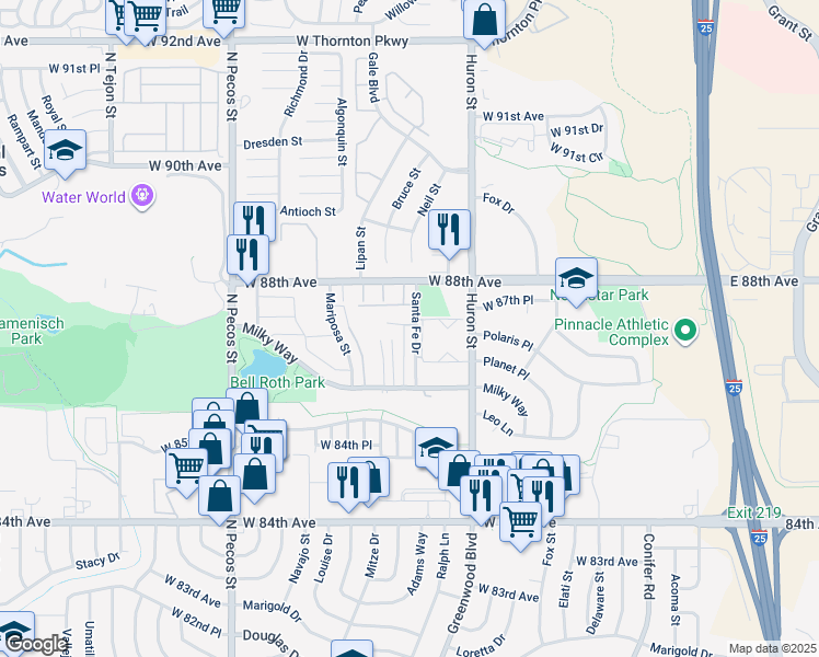 map of restaurants, bars, coffee shops, grocery stores, and more near 8709 Santa Fe Drive in Thornton