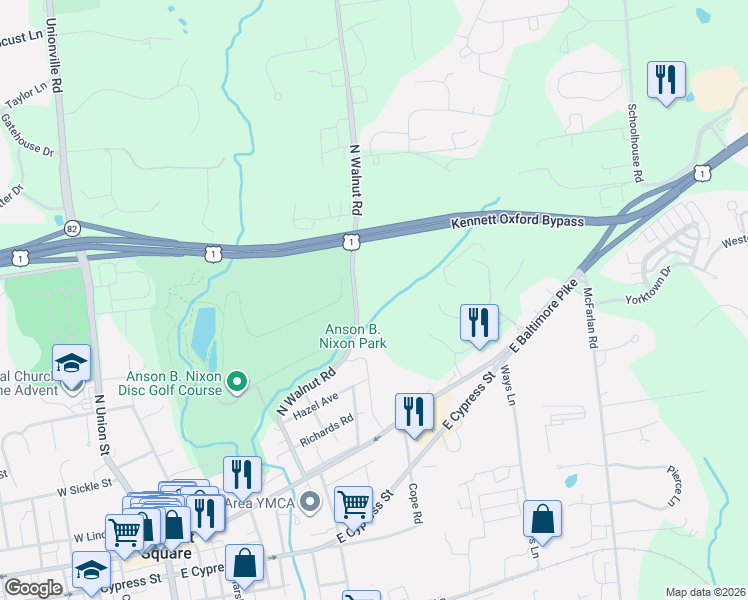 map of restaurants, bars, coffee shops, grocery stores, and more near 410 North Walnut Road in Kennett Square