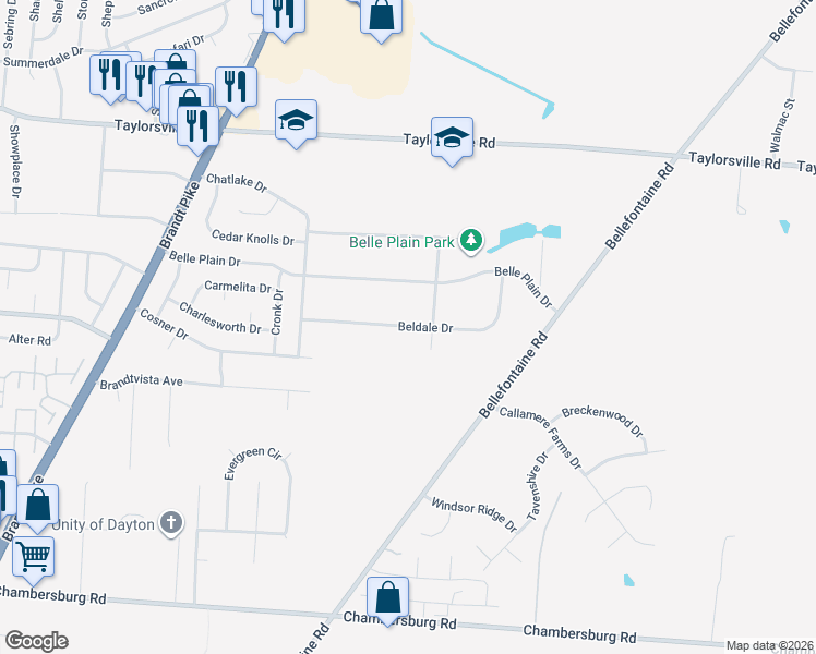 map of restaurants, bars, coffee shops, grocery stores, and more near 7657 Beldale Drive in Dayton
