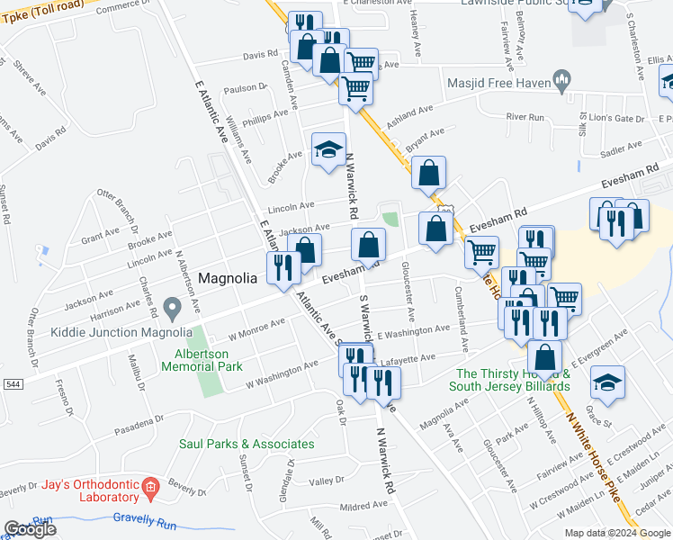 map of restaurants, bars, coffee shops, grocery stores, and more near 123 Evesham Avenue West in Magnolia