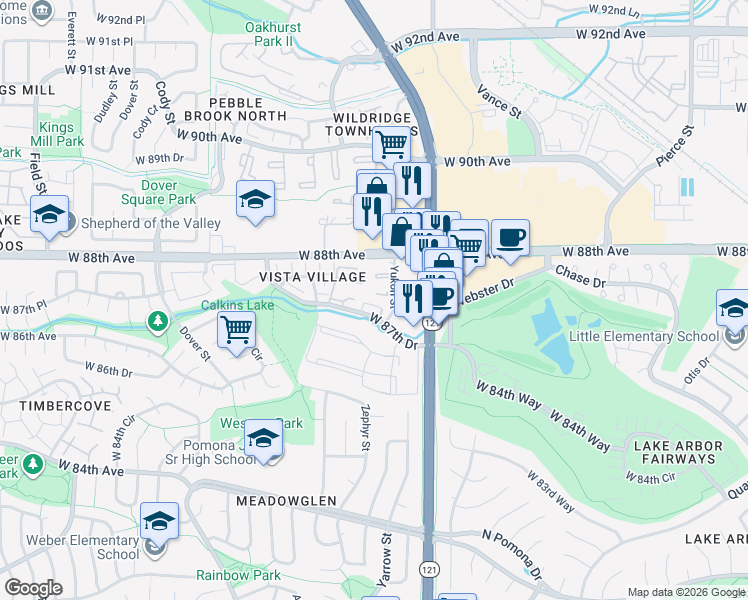 map of restaurants, bars, coffee shops, grocery stores, and more near 7723 West 87th Drive in Arvada
