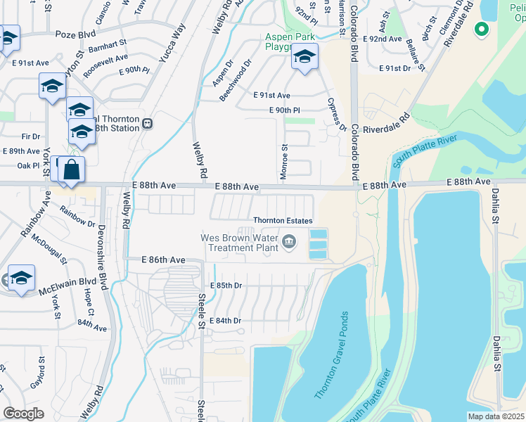 map of restaurants, bars, coffee shops, grocery stores, and more near 3600 East 88th Avenue in Thornton