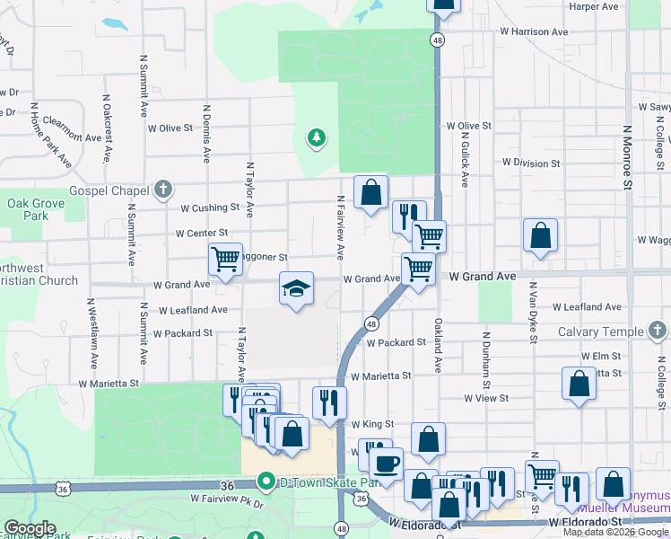 map of restaurants, bars, coffee shops, grocery stores, and more near 1301-1399 W Waggoner St in Decatur