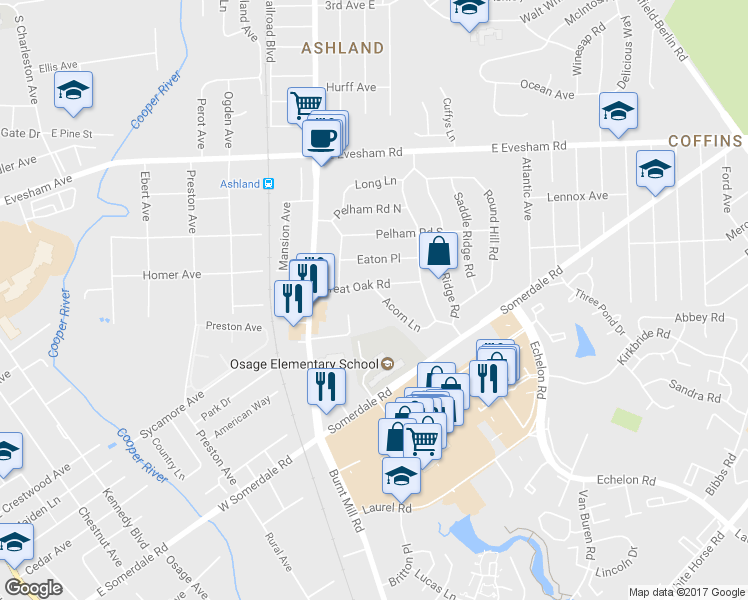 map of restaurants, bars, coffee shops, grocery stores, and more near 109 Acorn Lane in Voorhees Township
