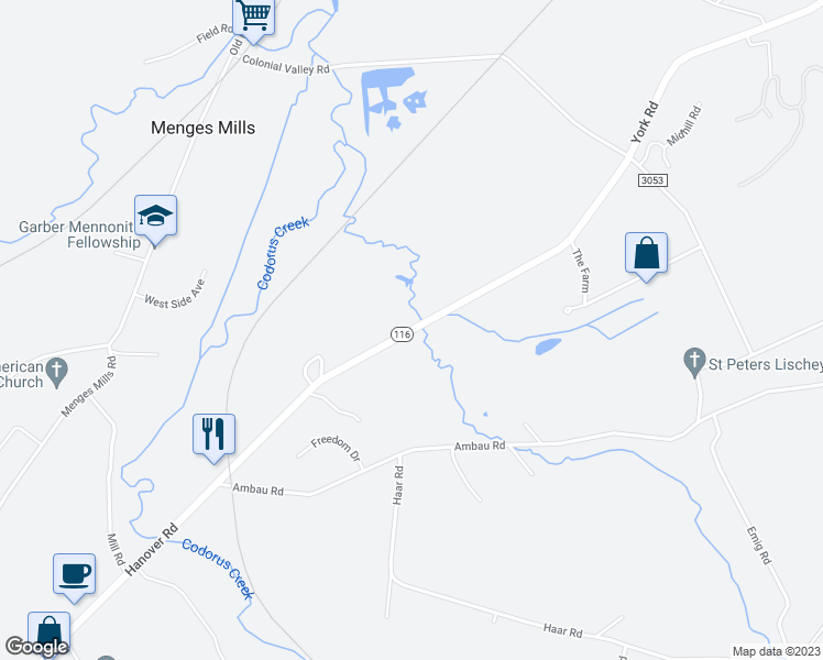 map of restaurants, bars, coffee shops, grocery stores, and more near 5817 Old Hanover Road in Spring Grove